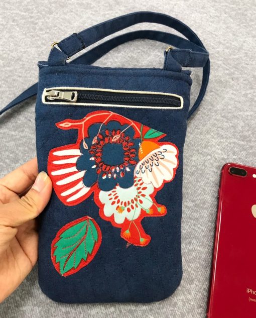 Handcrafted Embroidered Phone Pouch with Small Leaf Design