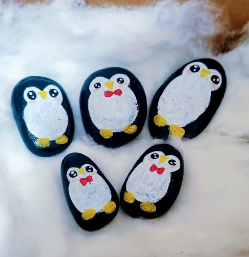 Set Of 5 Hand-painted River Stones Featuring Penguin Motifs